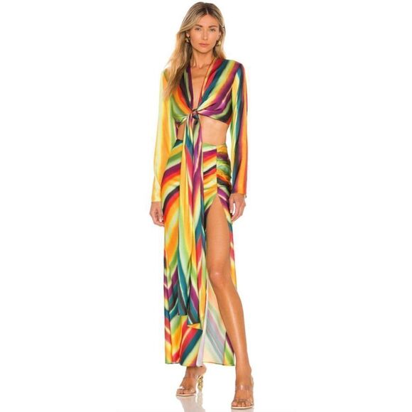 Ronny Kobo Rainbow Stripe Angie Slip Maxi Skirt with Thigh Slit